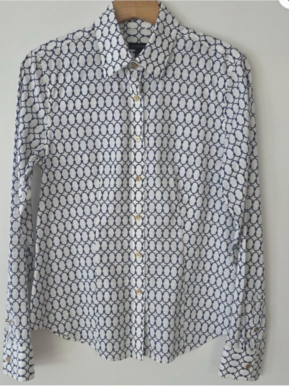 Talbots Wrinkle Resistant White Button Down Shirt with Navy Chain-Link Print